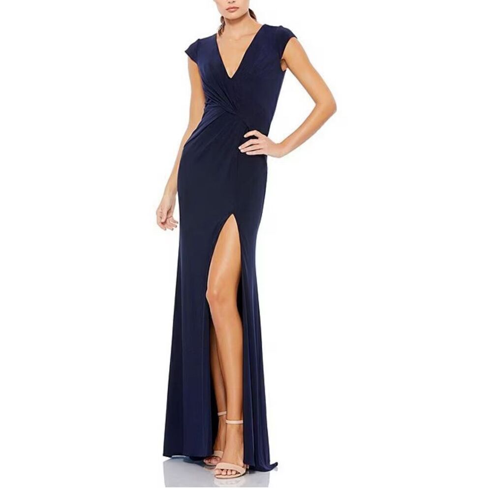 Mac Duggal Cap Sleeve Twist Front Jersey Column Gown in Navy NWOT Size 8